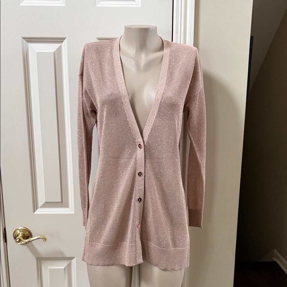 White House Black Market Gold open net weave  button front cardigan, MP